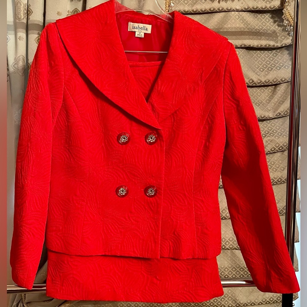 isabella suit size 12 Red Embossed Fully Lined Rhinestones Interview